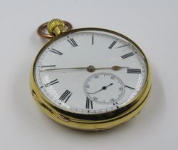 18ct Yellow gold open face pocket watch, the enamel dial with Roman numerals and subsidiary seconds,