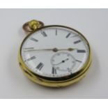 18ct Yellow gold open face pocket watch, the enamel dial with Roman numerals and subsidiary seconds,