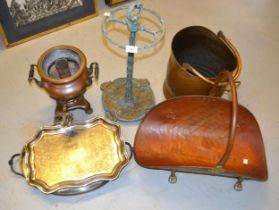 Copper log basket, brass coal scuttle, cast iron two division stick stand and a copper samovar (