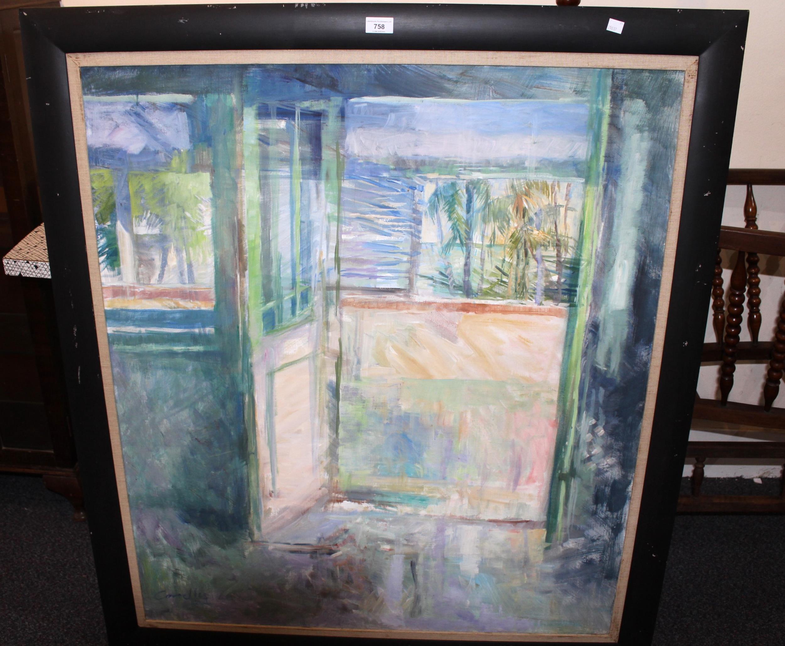 Jane Corsellis, 20th century oil on canvas, ' Balcony Malacca ', signed, bearing label verso, 1m x - Image 2 of 2