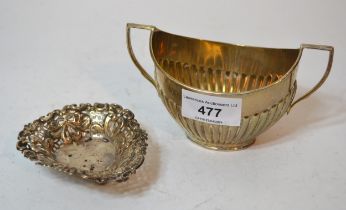 Sheffield silver oval two handled half fluted design sugar bowl, together with a small embossed