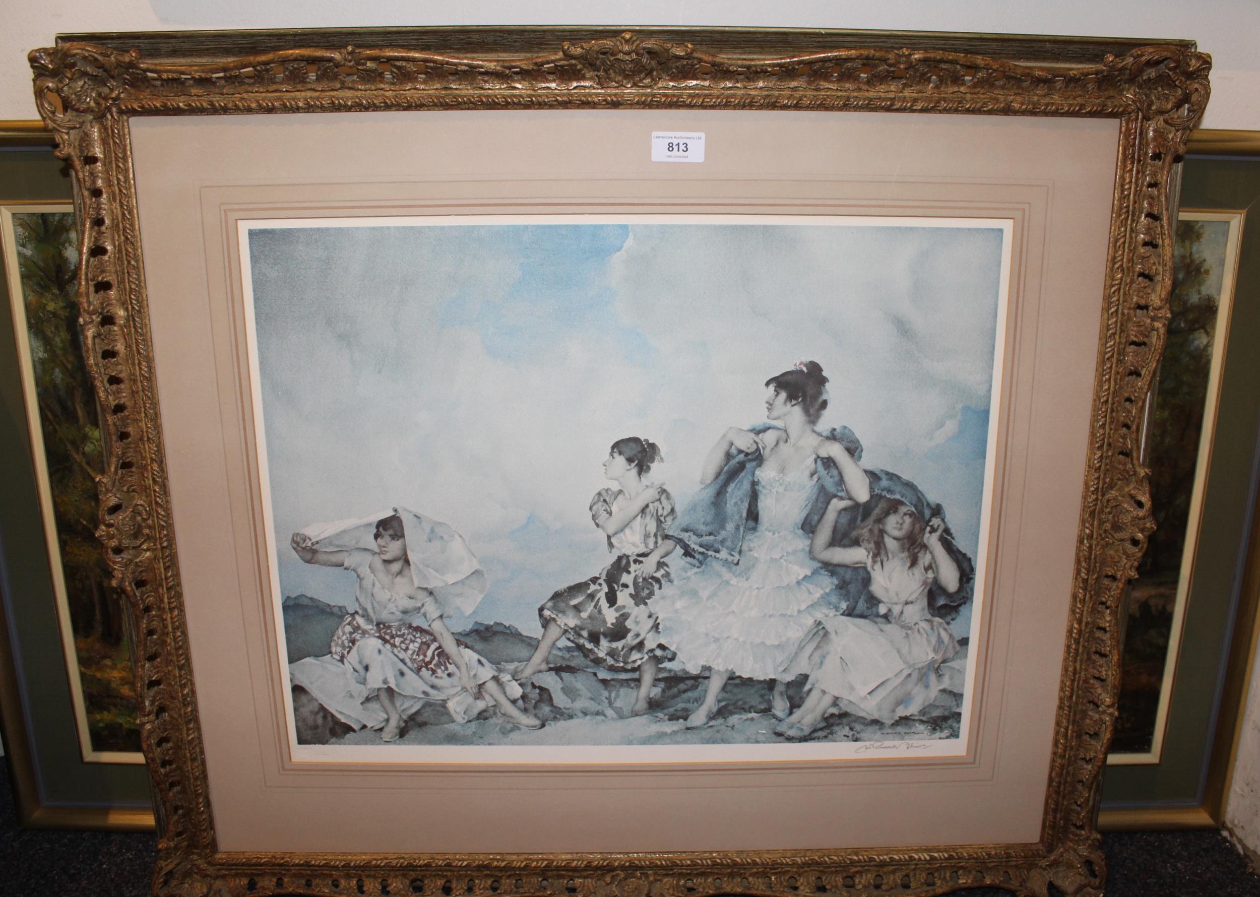 Sir William Russell Flint signed coloured print, figures sheltering from the rain, with blind stamp, - Image 2 of 2