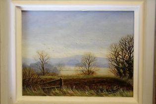 A.W. Meadows, pair of miniature oils on board, rural scenes, 6.5 x 8.5cm, framed
