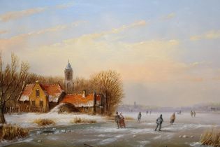 Arie Herkelman, oil on panel, Dutch winter scene with skaters, gilt framed, signed, 12 x 17cm