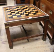 Reproduction mahogany brass mounted coffee / games table, together with a mahogany rectangular stool