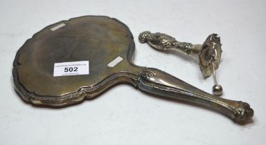 Continental silver dressing table mirror and a London silver bell handle (lacking glass)