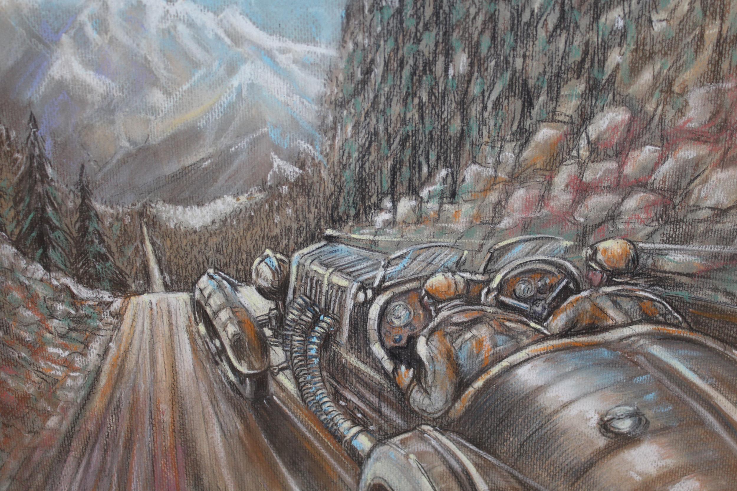 20th Century charcoal and pastel picture of a racing car in a mountainous landscape, unsigned, 28