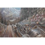 20th Century charcoal and pastel picture of a racing car in a mountainous landscape, unsigned, 28