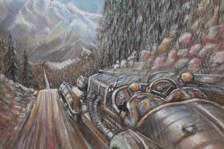 20th Century charcoal and pastel picture of a racing car in a mountainous landscape, unsigned, 28