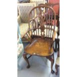 Good quality reproduction oak splat and stickback Windsor kitchen armchair on cabriole front