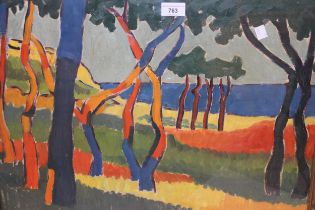 Modern expressionist oil on board, coastal landscape with trees, unsigned, gilt framed, 41 x 57cm