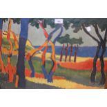 Modern expressionist oil on board, coastal landscape with trees, unsigned, gilt framed, 41 x 57cm