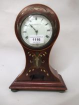 Edwardian mahogany and marquetry inlaid balloon shaped mantel clock, the dial inscribed ' Sir J.