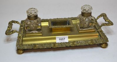 19th Century brass two bottle inkstand, 33cm wide, together with a brass oil lamp and five various