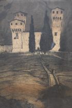 Francesco Chiapelli, Italian signed etching, castle with figures