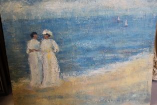 Oil on canvas laid down on board, Impressionist style study of two ladies on a beach, 35 x 46cm,