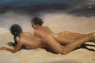 Almondo Beccari, oil on canvas, two girls sunbathing on a tropical beach, signed, 60 x 90cm