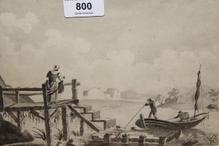 Late 18th / early 19th Century monochrome watercolour, figures in an open boat beside a jetty,