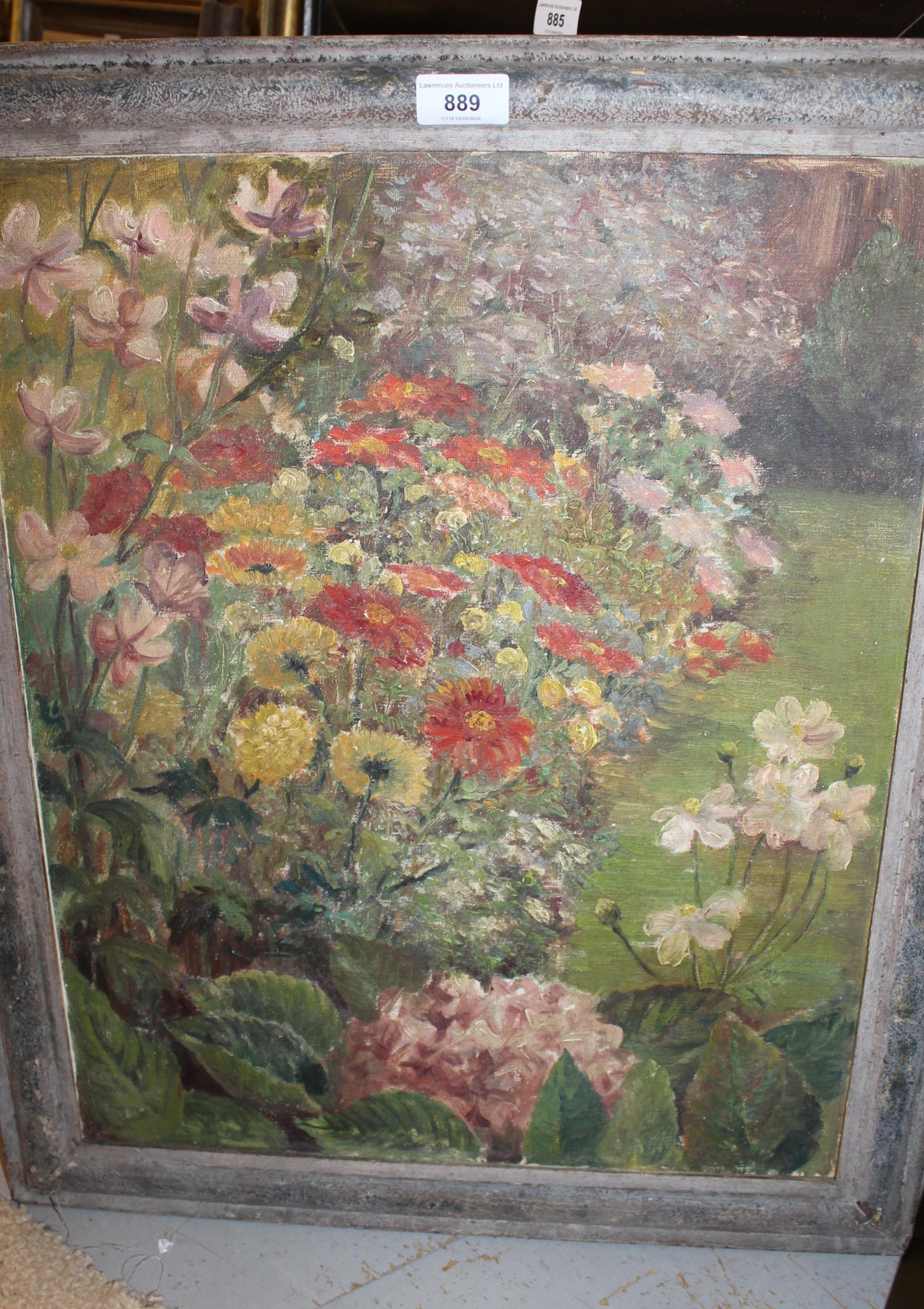 Sidney J Iredale, signed oil on board, ' A Corner of the Garden ', artists label verso, 53 x 43cm - Image 2 of 2