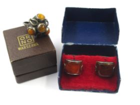 Orno of Warsaw, silver and amber set dress ring together with a similar pair of gentleman's
