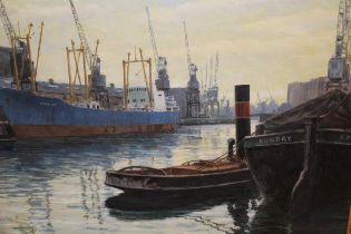 Peter M. Wood, oil on board, dockyard scene with commercial vessels and a steam tug, signed, 60 x