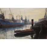 Peter M. Wood, oil on board, dockyard scene with commercial vessels and a steam tug, signed, 60 x