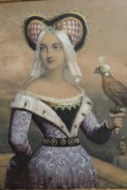 19th Century hand coloured engraving, portrait of a lady wearing Renaissance costume and holding a