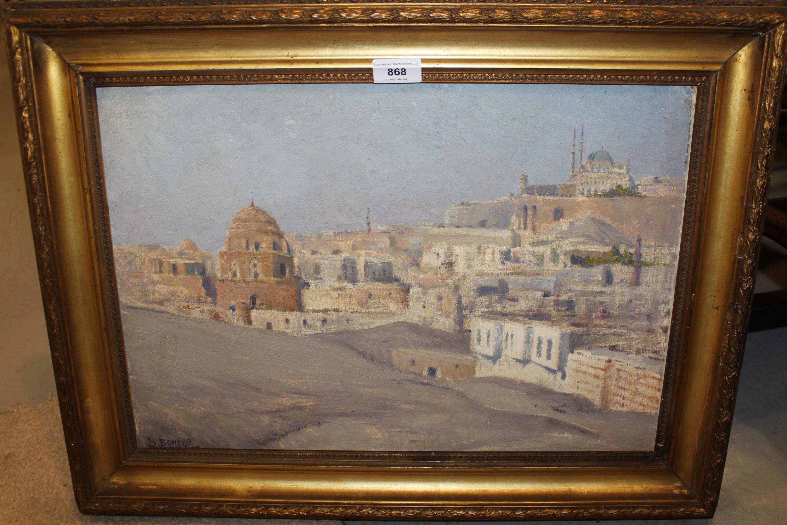B. Bonello, signed oil on canvas loosely laid on board view across an Eastern city (probably Cairo), - Image 2 of 2