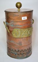 Large 19th Century copper kettle, together with a cylindrical copper urn bearing brass plaque '