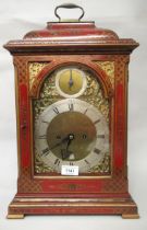 Scarlet chinoiserie lacquer bracket clock, the pagoda case enclosing an arched dial, the silvered