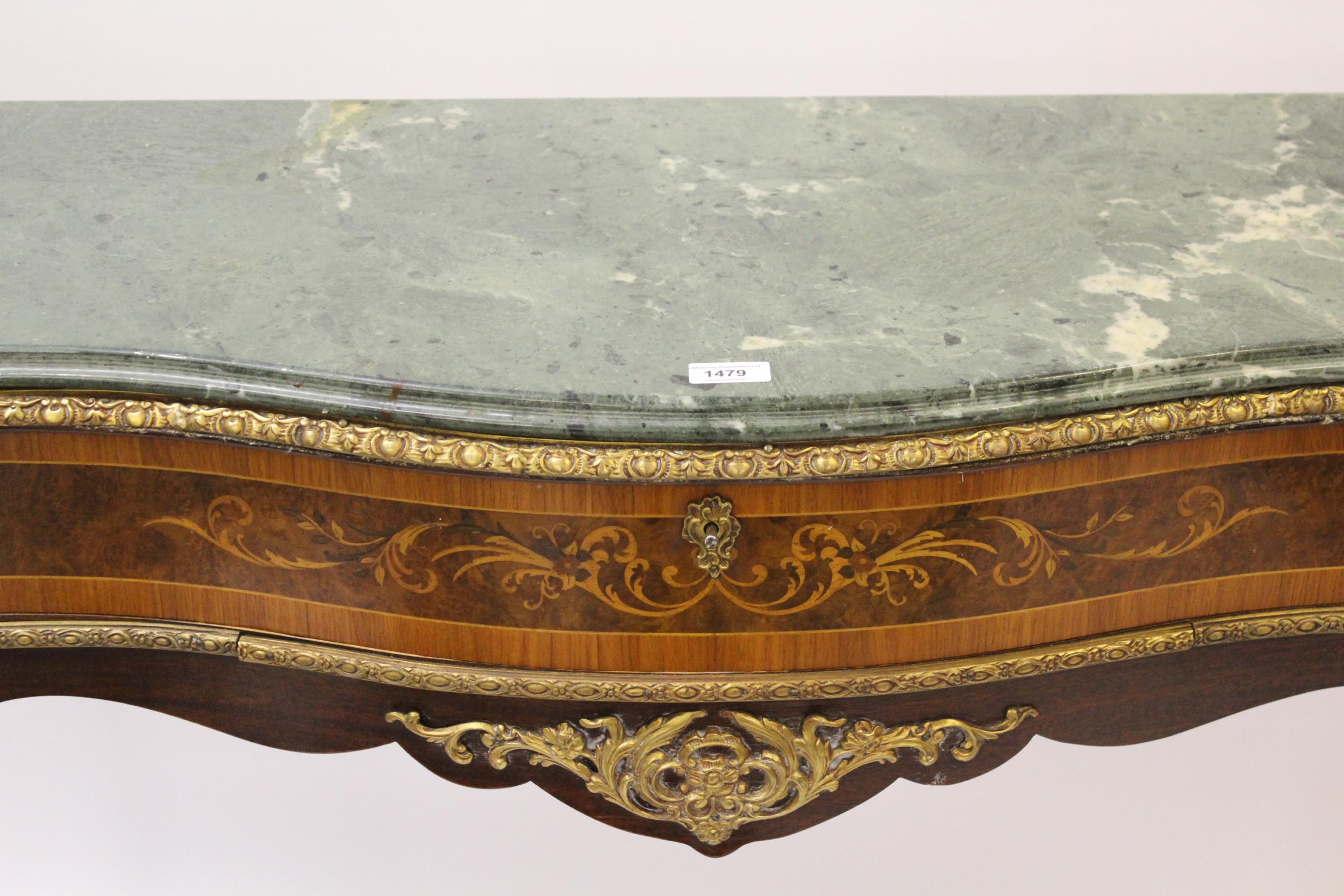 Reproduction French Kingwood marquetry inlaid ormolu mounted console table with a green marble top - Image 2 of 2