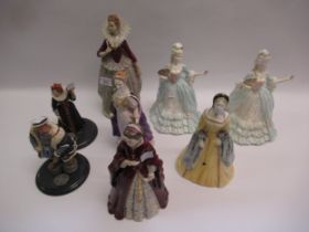 Sitzendorf porcelain figure of a lady in costume from Henry IV, together with five Coalport