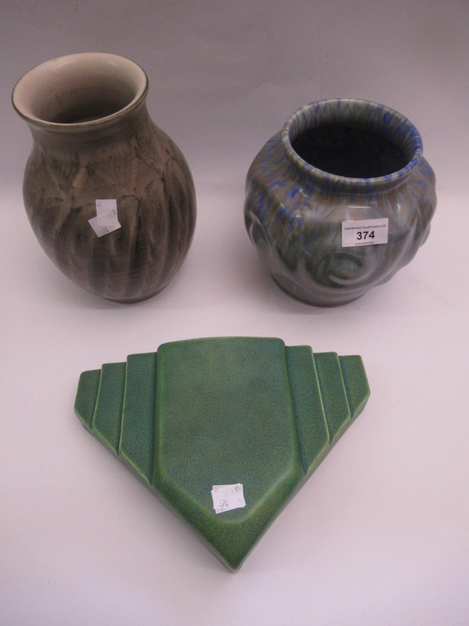 Pilkington Lancastrian blue mottled vase, 17cm high, together with a matt green glazed wall pocket