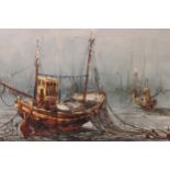 Ben Maile, oil on canvas, study of beached fishing boats in misty coastal scene, signed, modern gilt