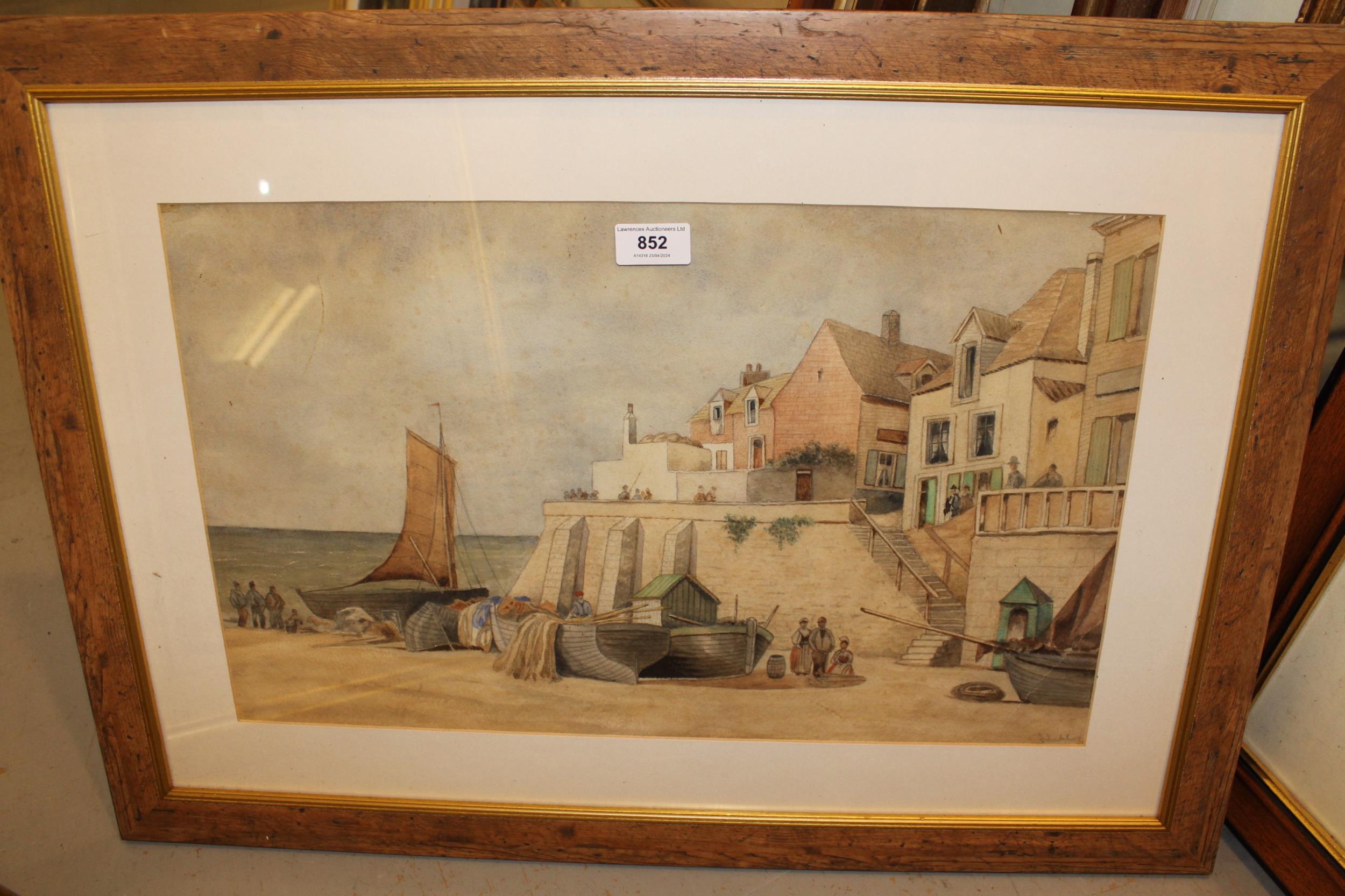 Watercolour, coastal scene with figures and boats before a quayside and cottages, indistinctly - Image 2 of 3