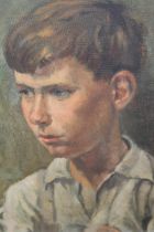 Mid 20th century oil on canvas board, head and shoulder portrait of a young boy in a white shirt,