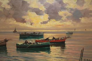 R. Bruno, 20th Century Italian school, oil on canvas, fishing boats, 50 x 70cm
