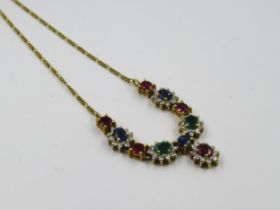 Modern 18ct gold ruby, sapphire, emerald and diamond necklace with integral chain 6.3g in weight