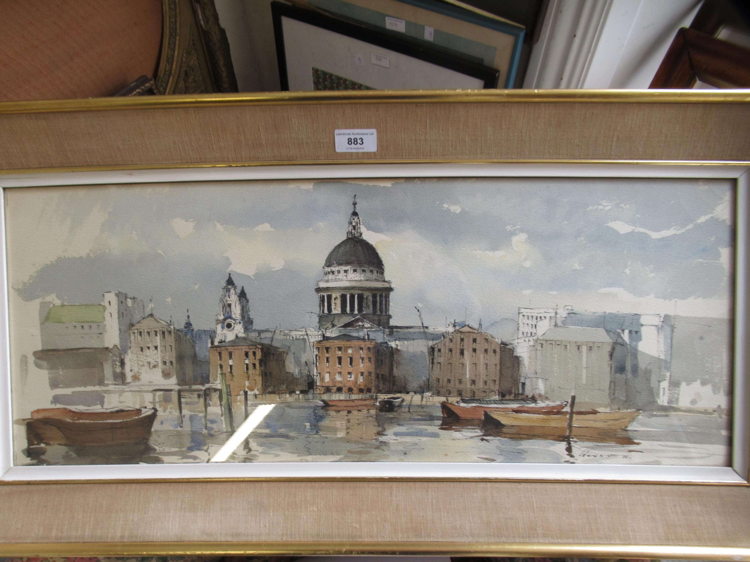 Edward Wesson, signed watercolour and ink, panoramic view of shipping on the Thames at St. Pauls, 28 - Image 3 of 4