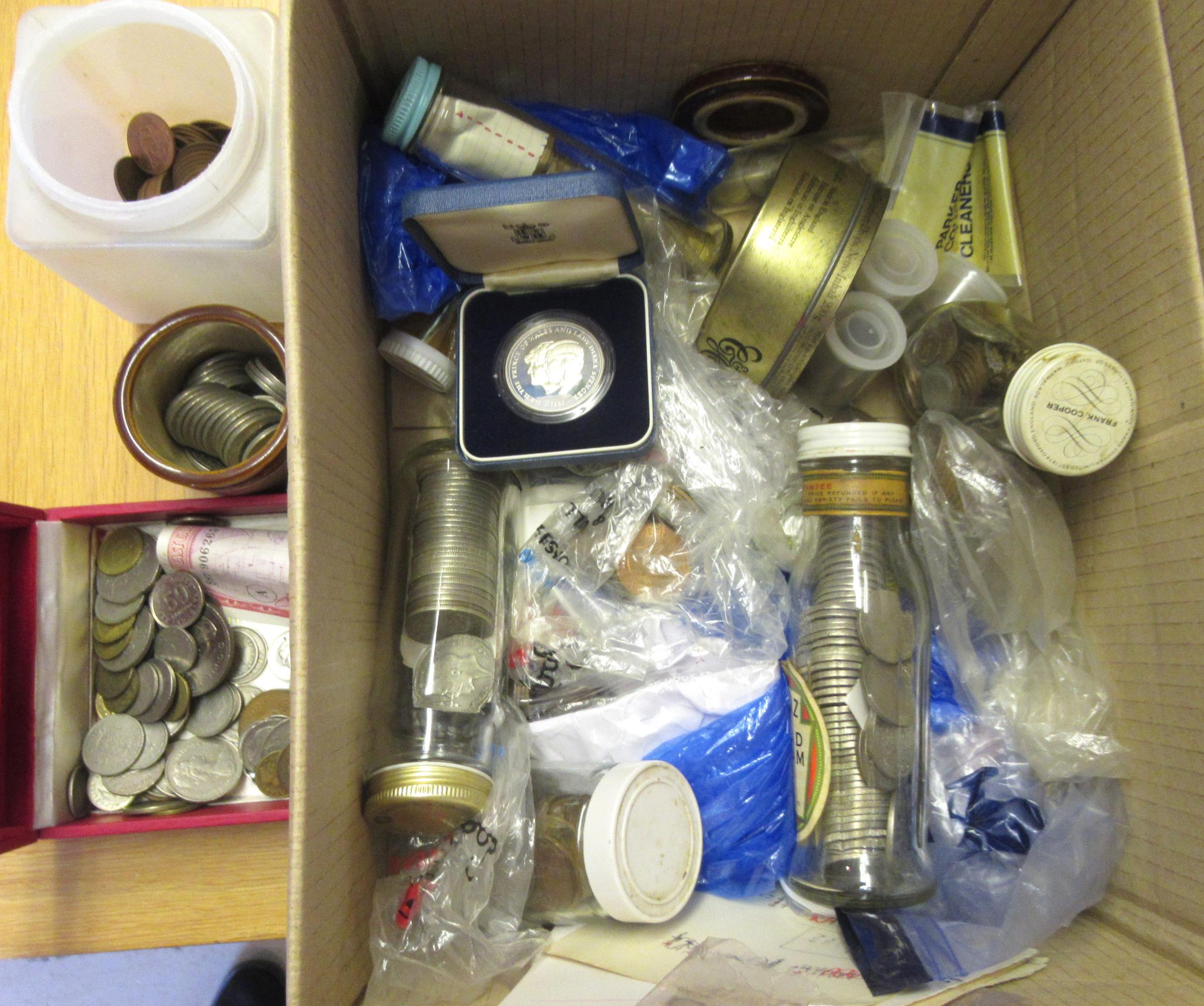 Silver proof crown in fitted box, together with a large quantity of various British pre-decimal