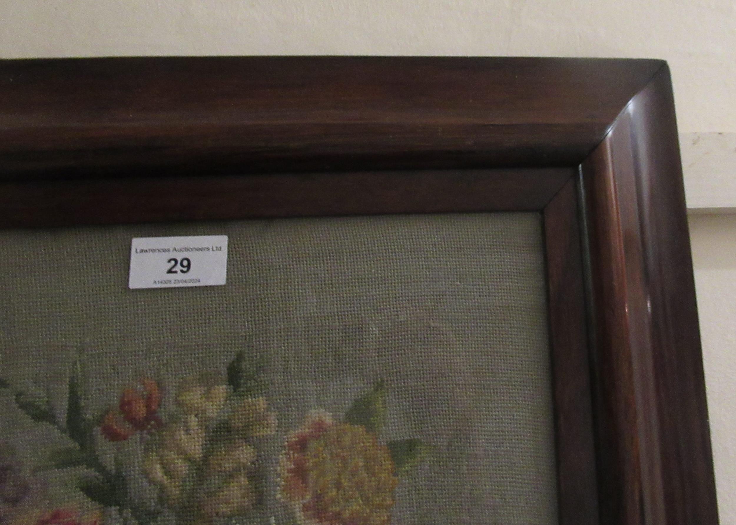 Rosewood framed needlework picture, spray of flowers in a basket, 34 x 33cm Some damages to frame, - Image 6 of 8