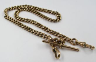 9ct Gold curb link Albert watch chain, with bar and clip, 40cm long, 48g Both clips are working