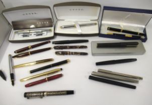 Quantity of various fountain pens including Waterman with an 18ct gold nib, Cross, Sheaffer,