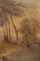 19th Century watercolour, river landscape with various figures, indistinctly signed, gilt framed, 32