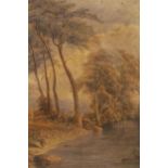 19th Century watercolour, river landscape with various figures, indistinctly signed, gilt framed, 32