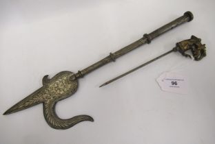 Indian elephant goad (ankus) the steel blade with niello work decoration with brass screw finial