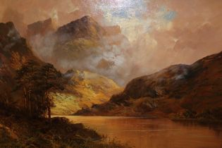 F.E. Jamieson, oil on canvas, sunset Highland landscape, signed, 50 x 75cm, in swept gilt frame good