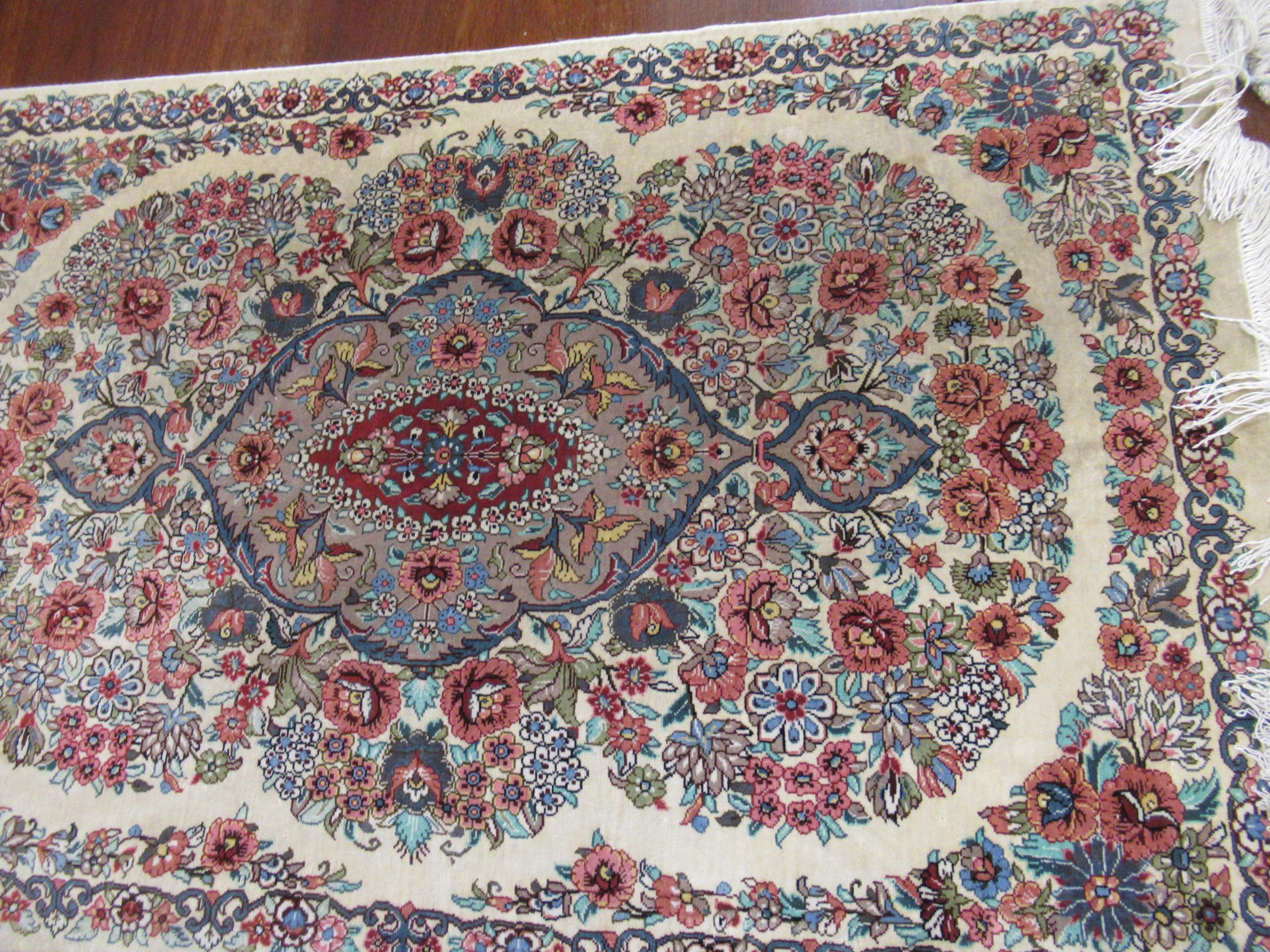 Modern oriental silk rug with a lobed medallion and all-over stylised floral design on an ivory - Image 5 of 10