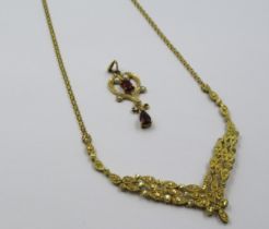 9ct Gold pendant necklace, 5.5g, together with a 9ct gold garnet and seed pearl set pendant