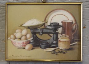 Pamela Davies, pair of miniature still life paintings on card, signed and framed, bearing label